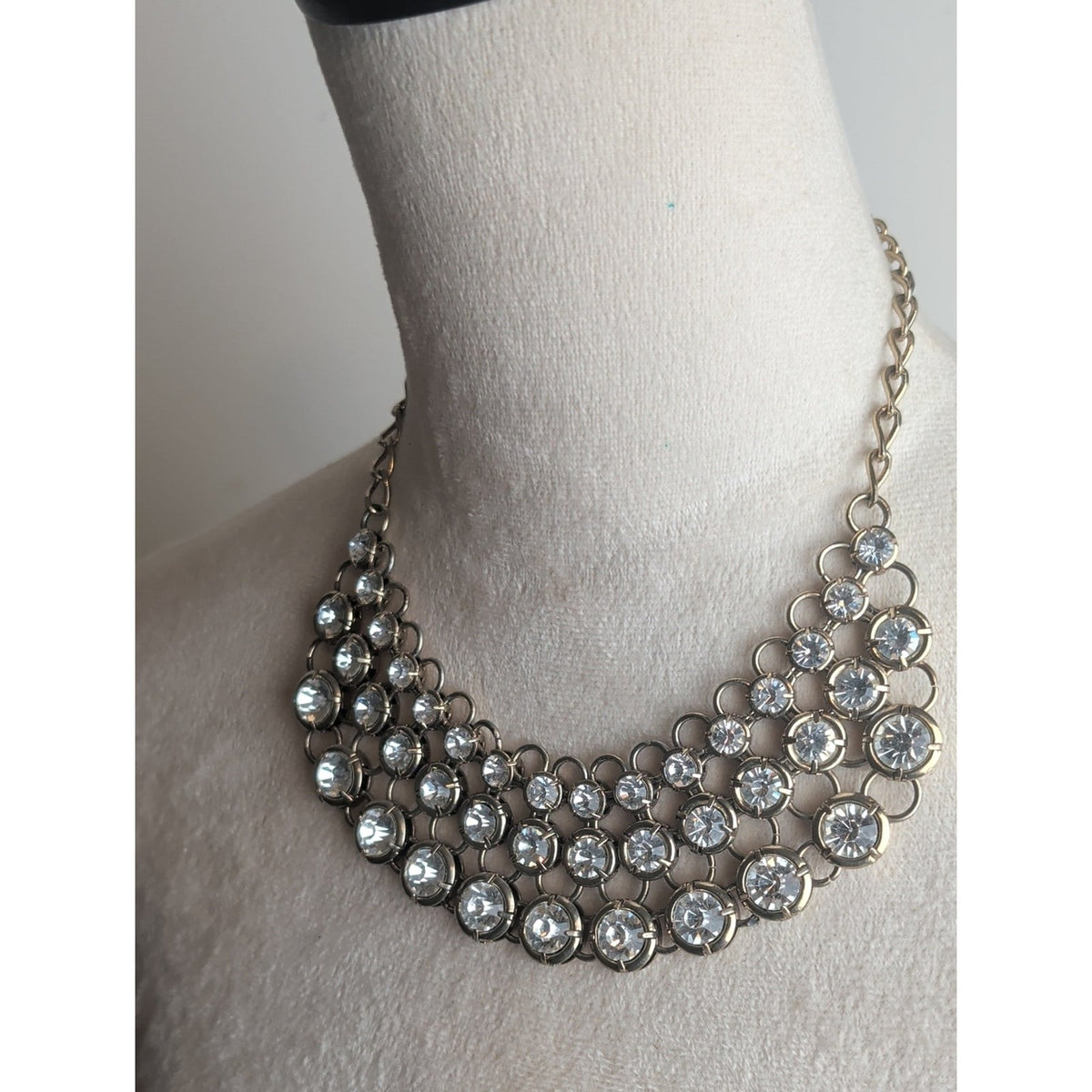 Vintage Crystal Multi-Row Statement Necklace - Gold Tone Glam