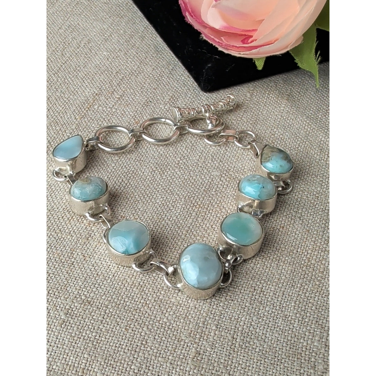 Vintage 925 Sterling Silver Blue Larimar Cabochon Bracelet Ornate Toggle