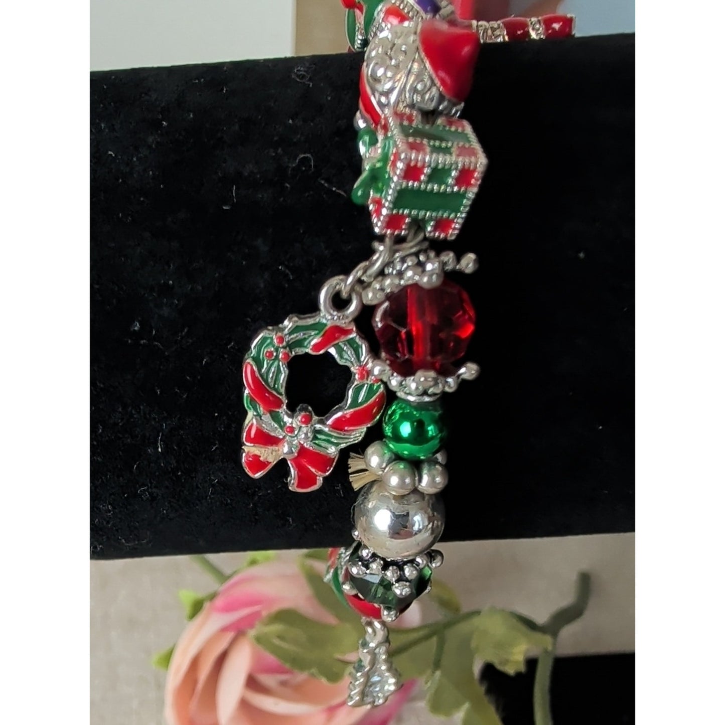Vintage 80s Christmas Charm Bracelet Santa Tree Candy Cane Holiday Stretch