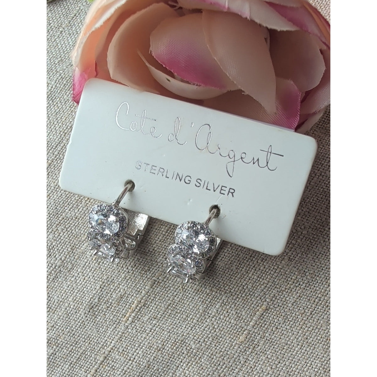Côte d’Argent Sterling Silver CZ Huggie Hoop Earrings Vintage Bridal Sparkle