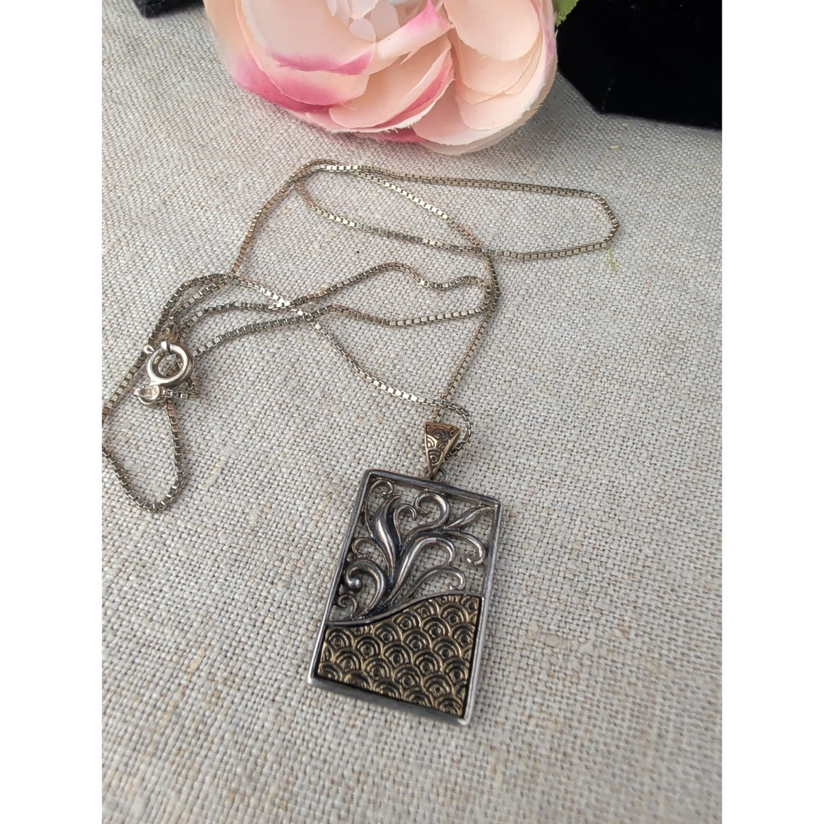 eSBe Designs Sara Blaine 925 Sterling Silver Brass Pendant Vintage Italy Box Chain Necklace 7g