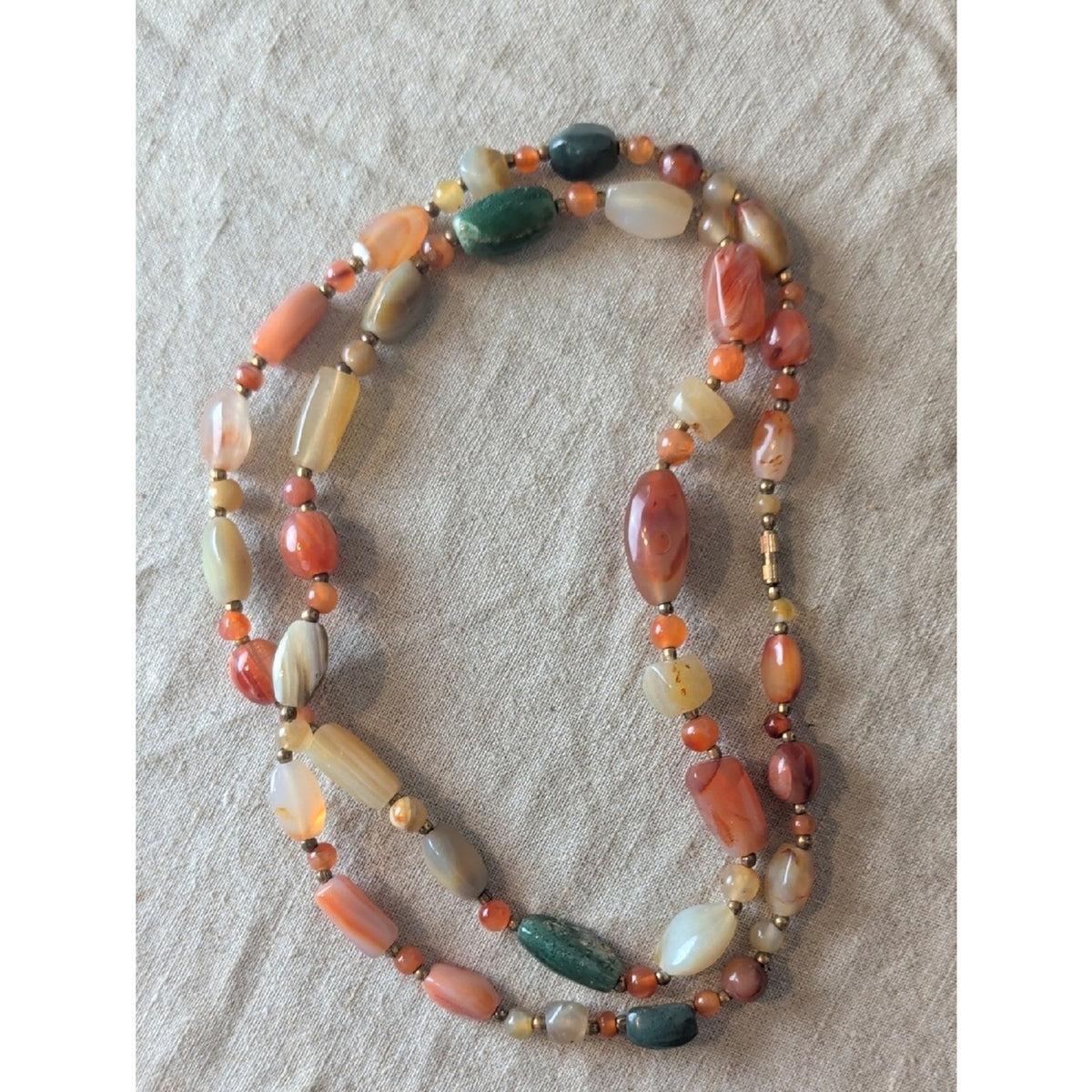 Vintage Natural Stone Beaded Necklace 19" Artisan Agate Aventurine Barrel Clasp