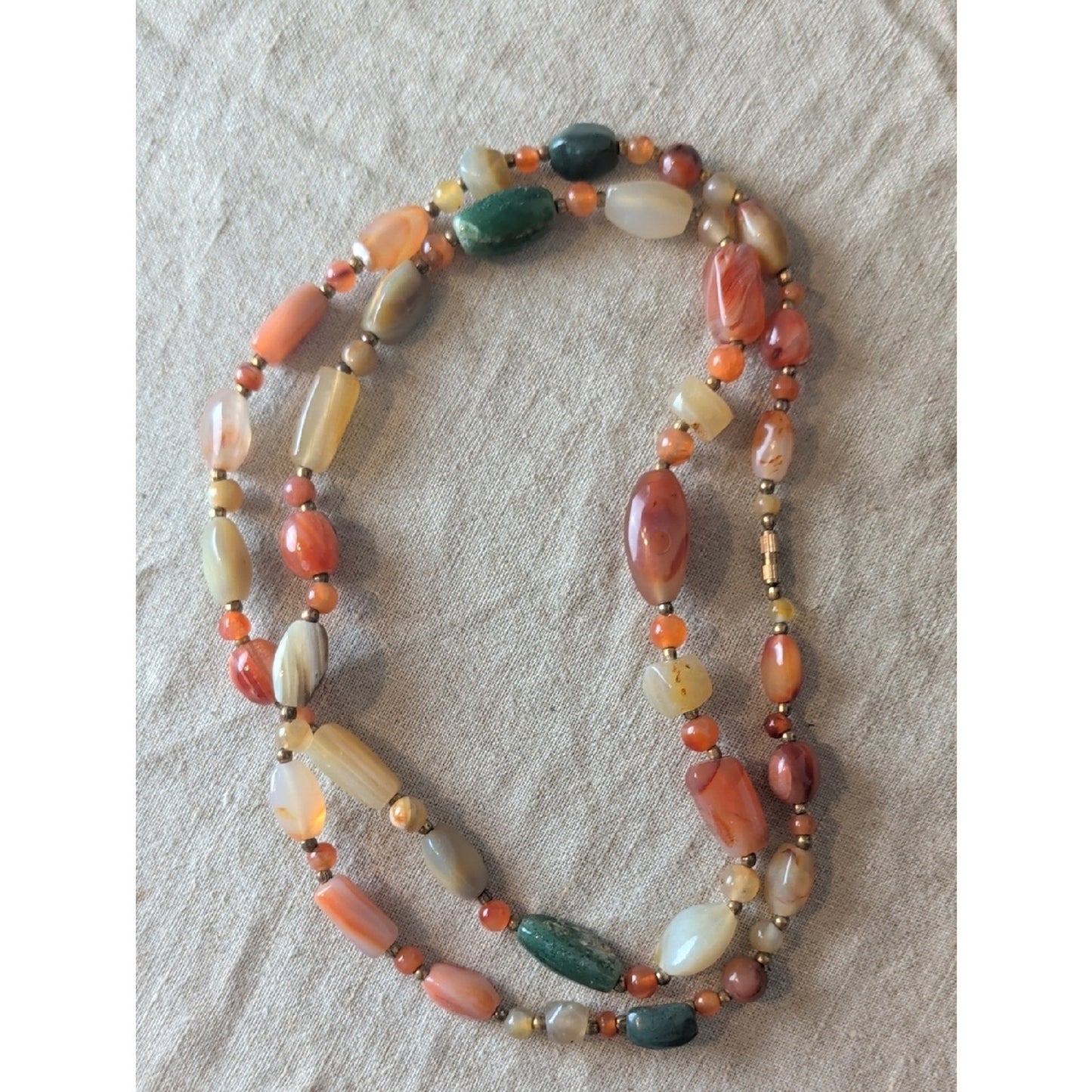 Vintage Natural Stone Beaded Necklace 19" Artisan Agate Aventurine Barrel Clasp