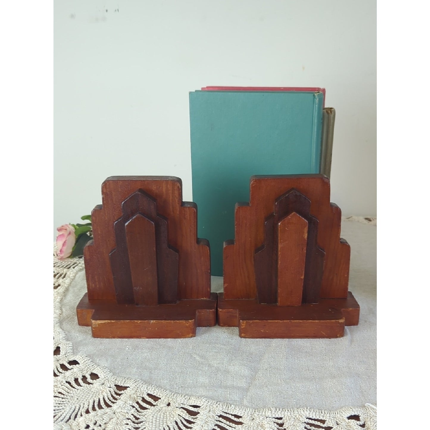 Vintage Wooden Bookends Set | MCM Brutalist Geometric Bookends | Mid Century