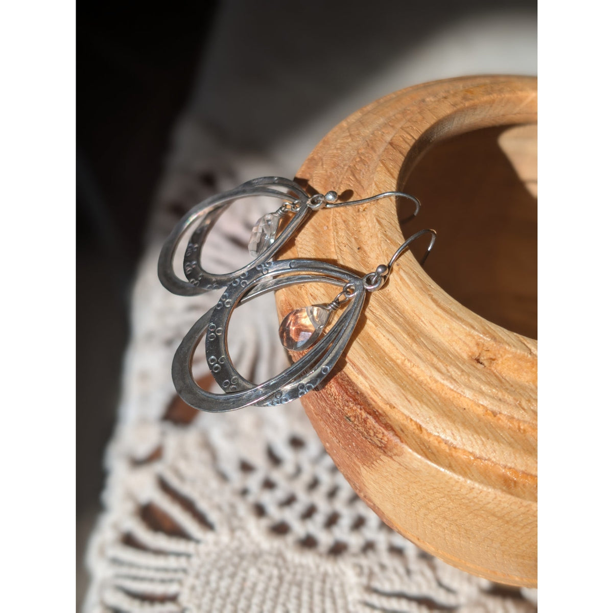 Vintage Silpada Sterling Silver Teardrop Double Hoop Dangle Earrings with Faceted Crystal Drops, Retired Boho Jewelry Style W1681