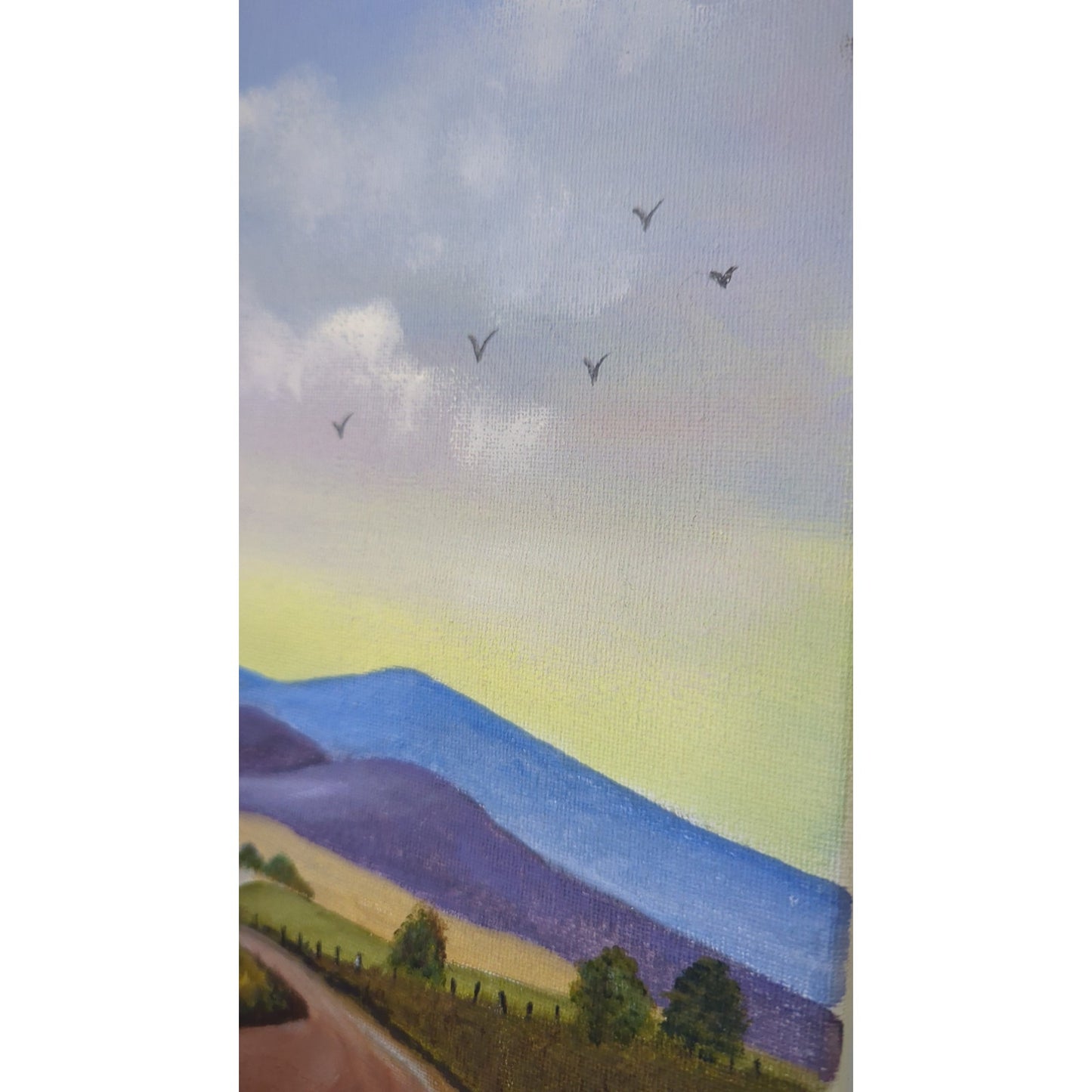 Original Folk Art Landscape Painting Signed J. Hall – Country Road Farmhouse Cottage Art on Canvas