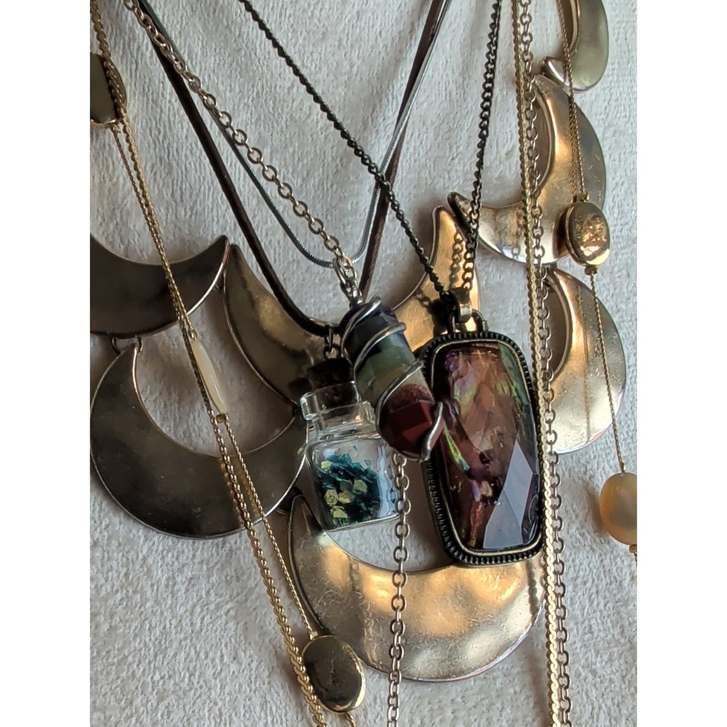 7 Celestial Boho Necklace Bundle Moon  Sun Face Pendant Druzy Glass Festival