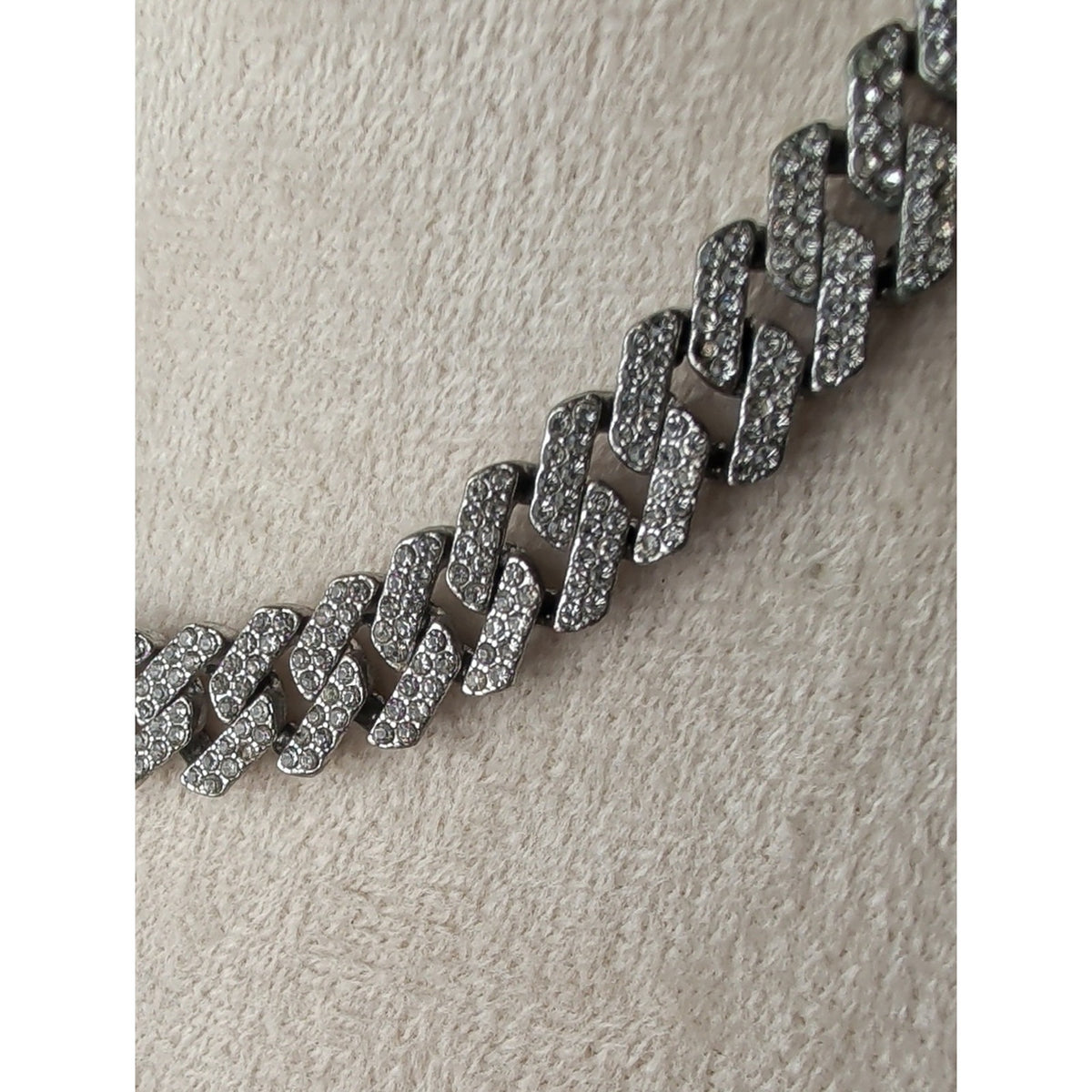 Vintage Pavé Rhinestone Cuban Link Choker Necklace Iced Out Silver Tone 16"
