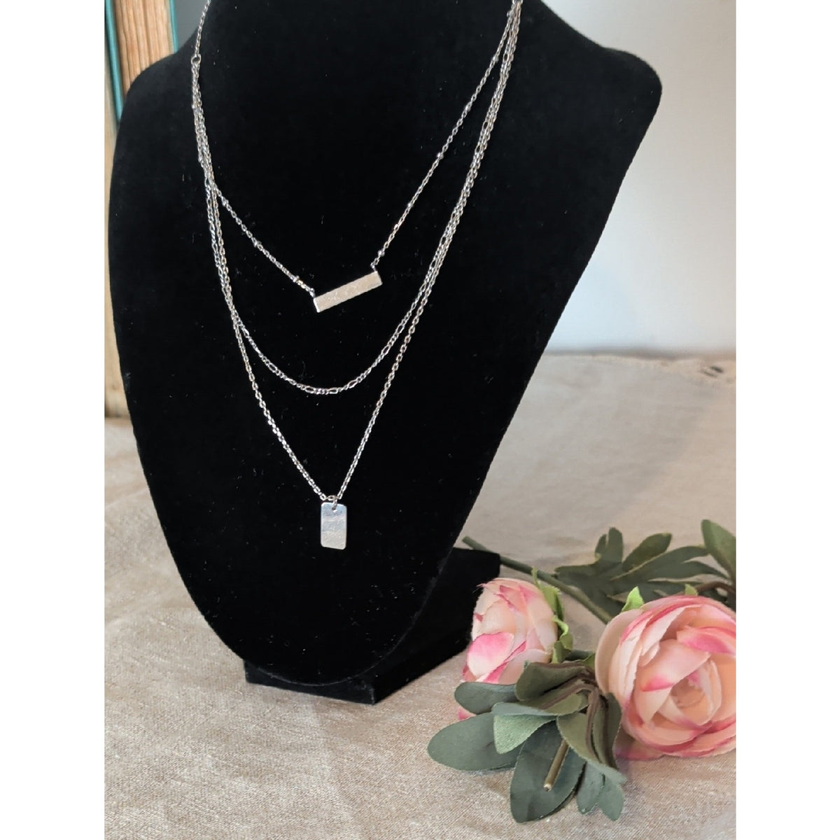 Forever Silver Triple Layered Bar Necklace Minimalist Silver Chain Stack Dainty