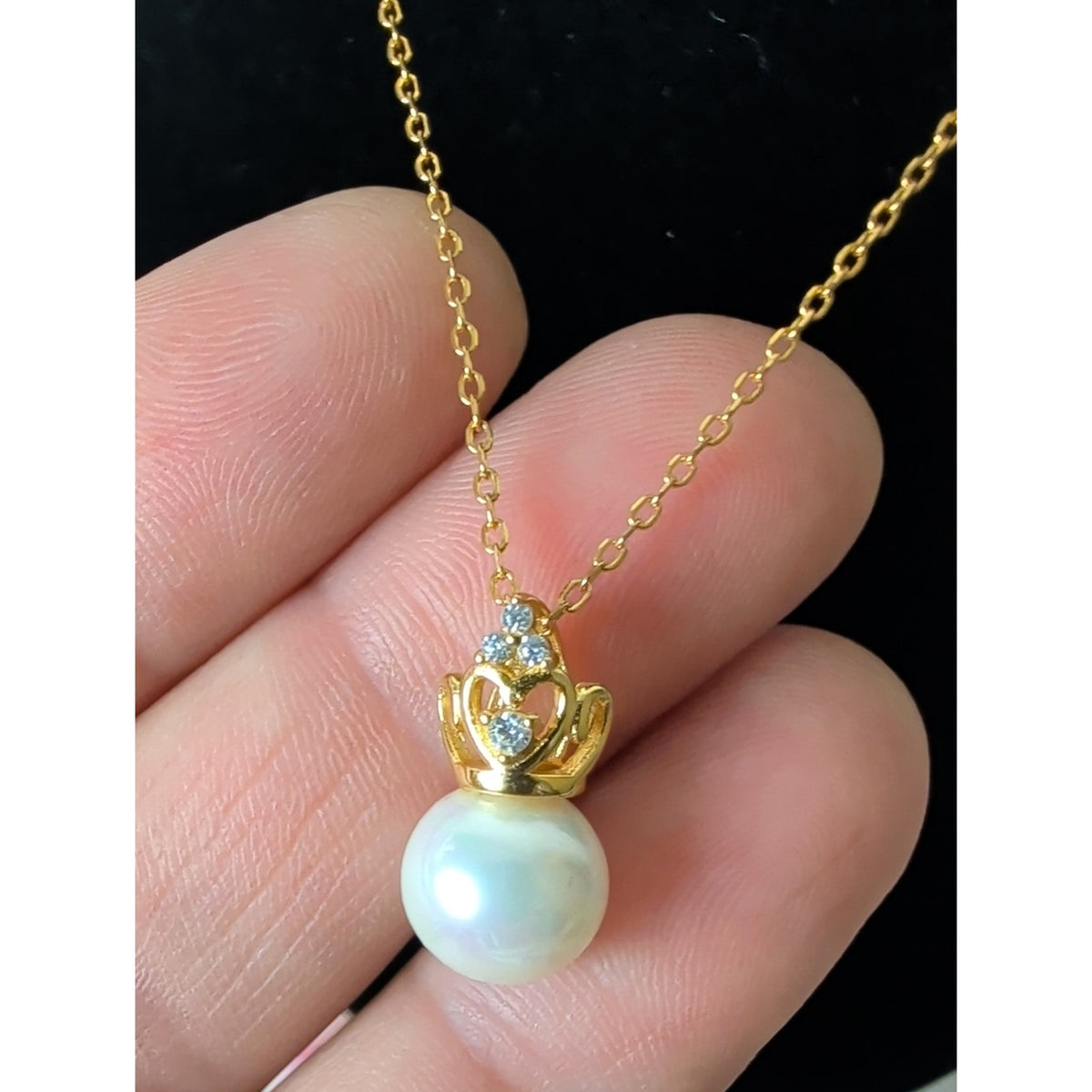 925 Sterling Silver Crown Pearl Pendant Necklace CZ Accents Glass Pearl