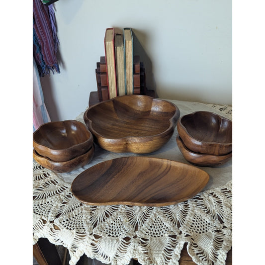 Vintage Monkey Pod Wood Serving Set 6 Pc Hand Carved Bowls + Platter