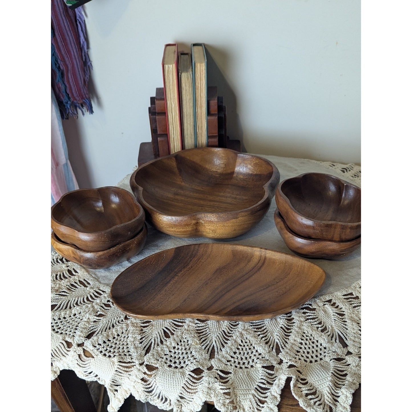 Vintage Monkey Pod Wood Serving Set 6 Pc Hand Carved Bowls + Platter
