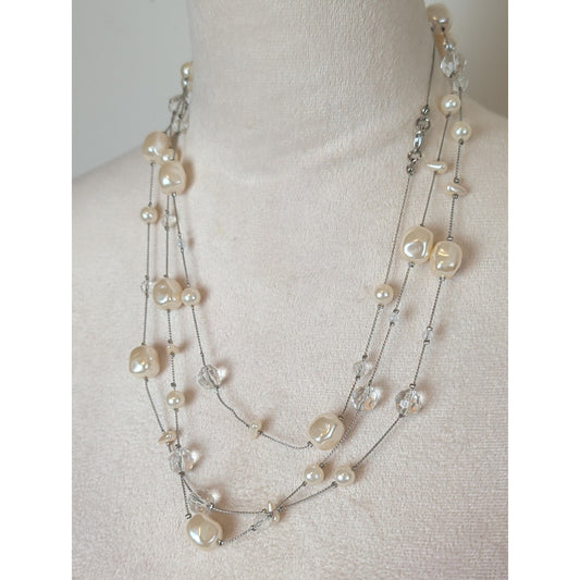 Vintage Opera Length Faux Pearl & Glass Crystal Necklace Romantic Coquette