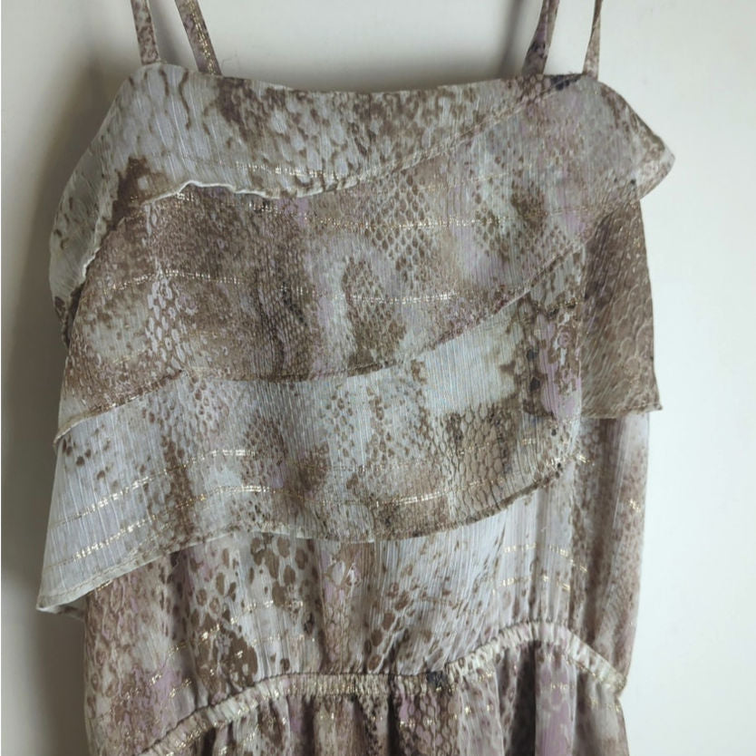 Whimsical Fairycore Maxi Dress Gold Shimmer Asymmetrical Ruffles Women's M