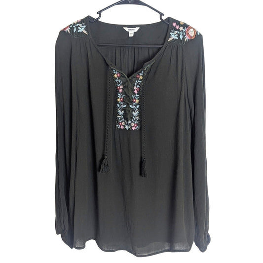 Boho Embroidered Velour Detail Pullover Top Women's Size Large