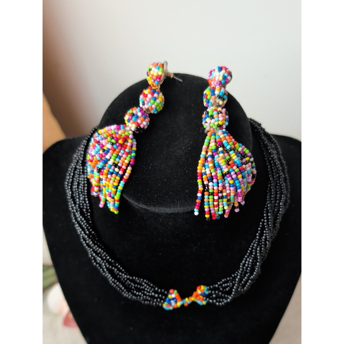 Colorful Seed Bead Statement Earrings Rainbow Tassel Boho Festival Artisan Style