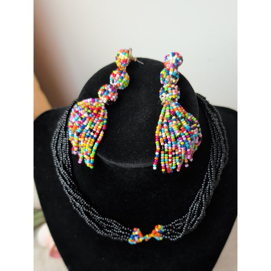 Colorful Seed Bead Statement Earrings Rainbow Tassel Boho Festival Artisan Style