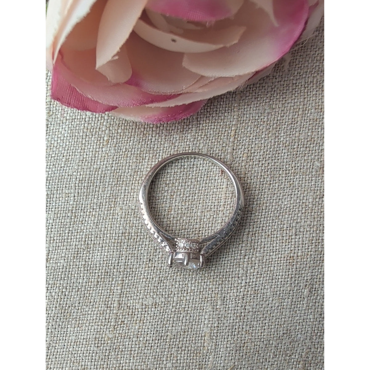925 Sterling Silver Glass Solitaire Ring with CZ Accents Engagement Style