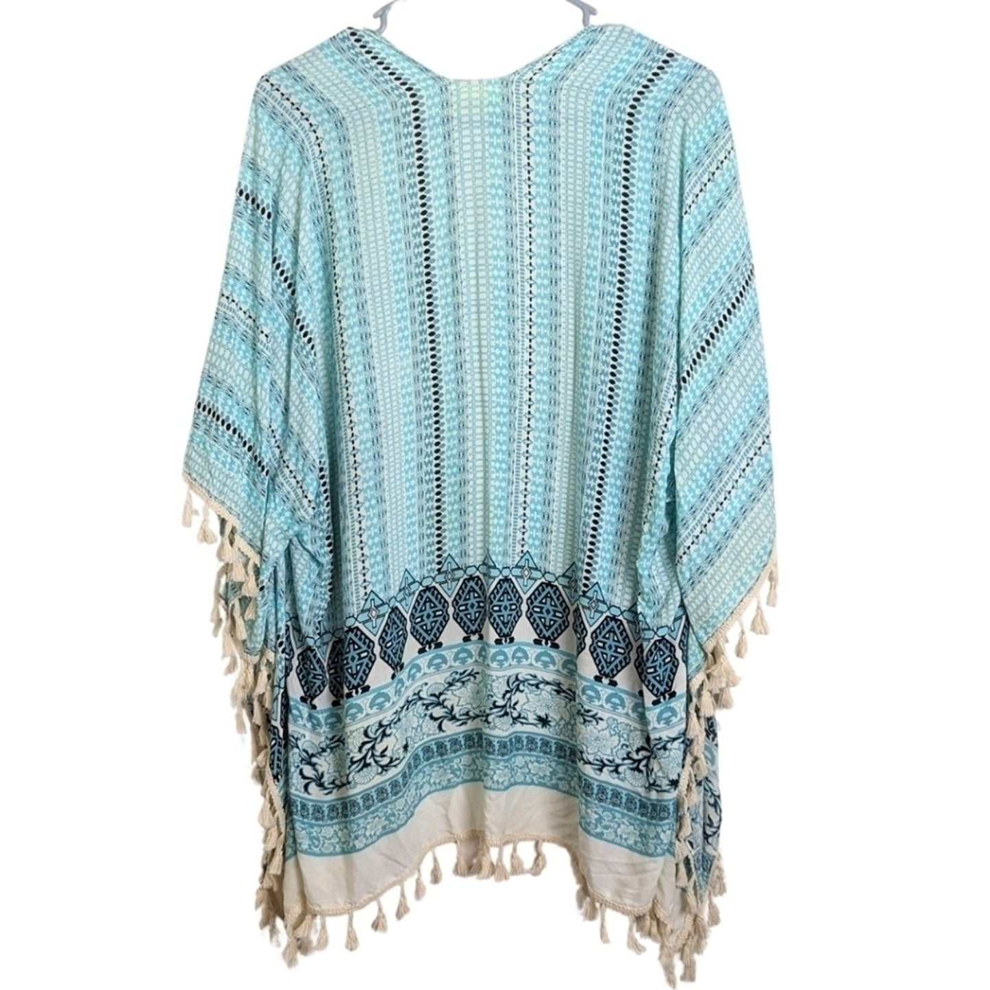Beachy Aztec Turquoise  Open Front Cardigan Tassels One Size Women's