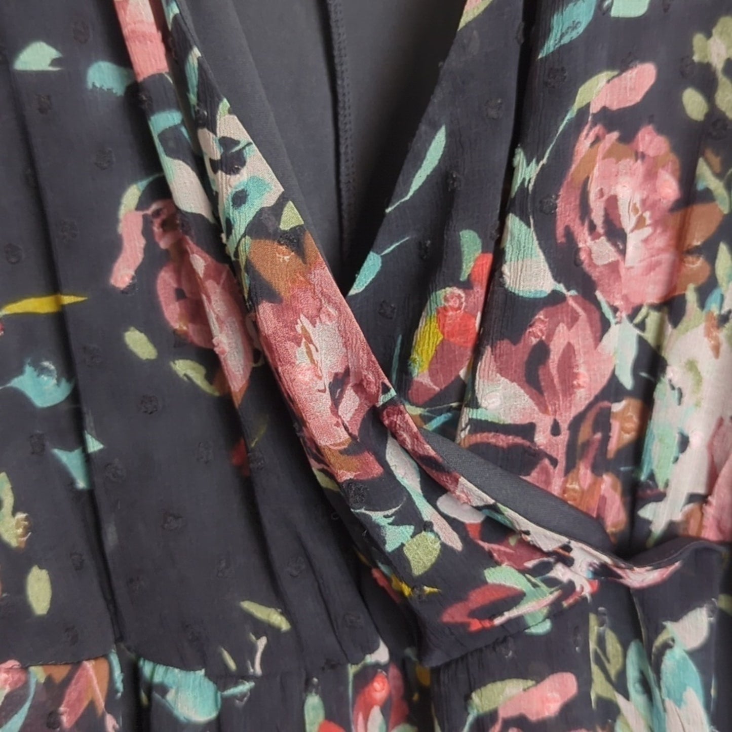 Dark Romantic Faux Wrap Dress High-Low Swiss Dot Floral Dark Grey Size M/L