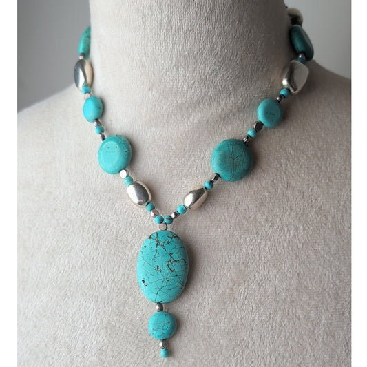 Southwestern Turquoise Blue Dyed Stone Statement Necklace Boho