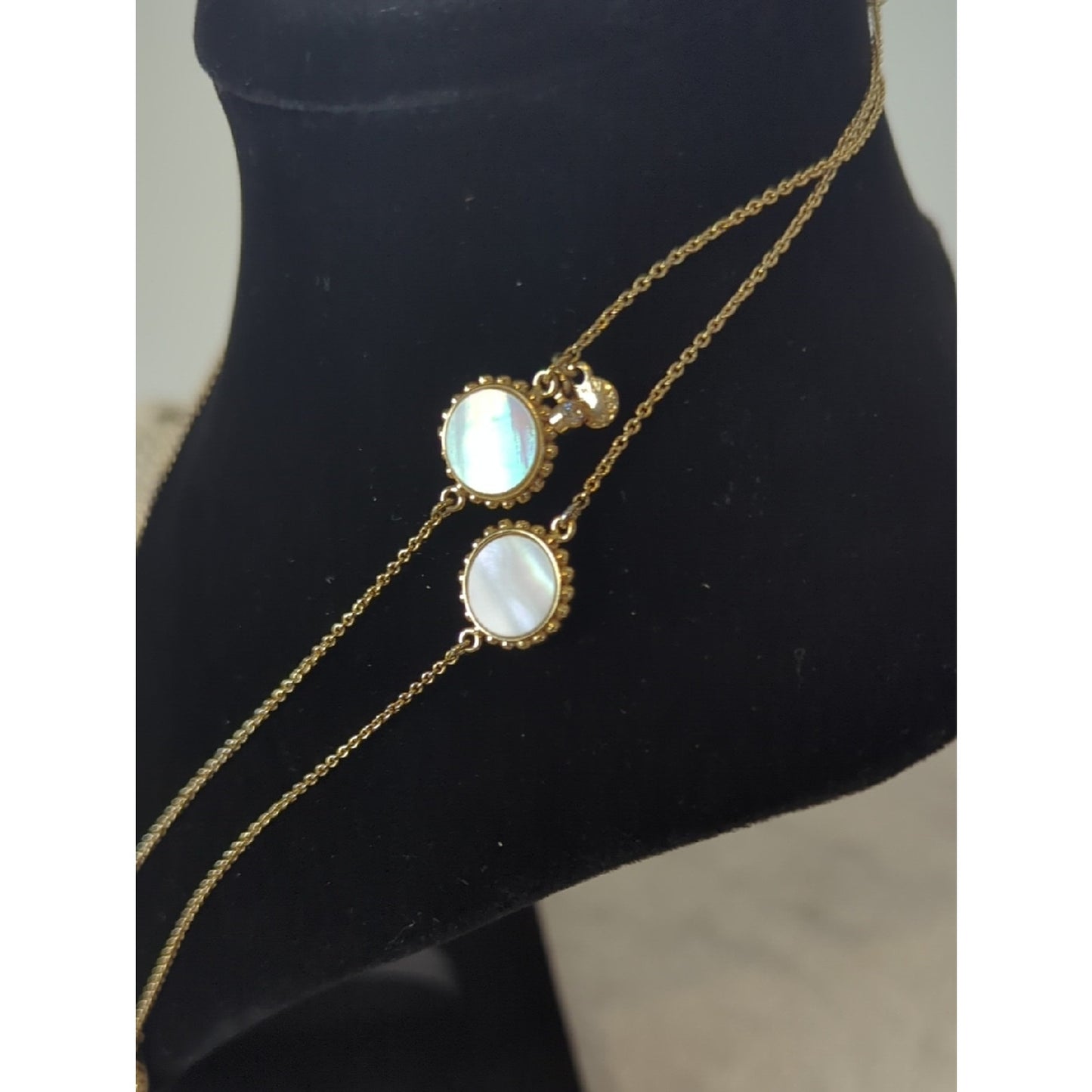 Mother of Pearl Long Layered Gold Necklace, Iridescent Shell Station Coastal