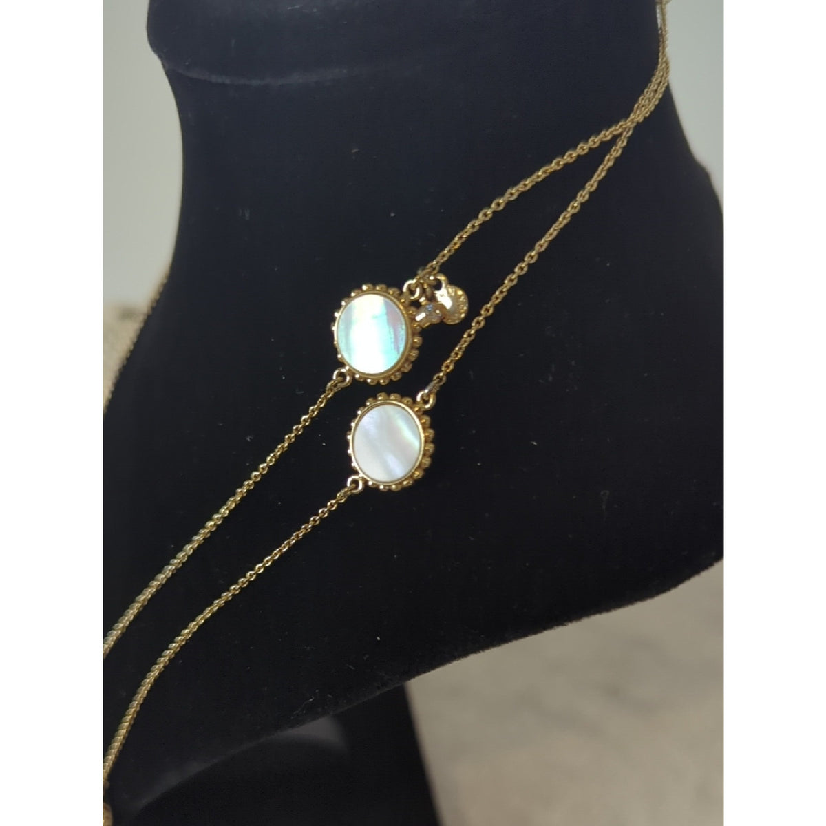 Mother of Pearl Long Layered Gold Necklace, Iridescent Shell Station Coastal