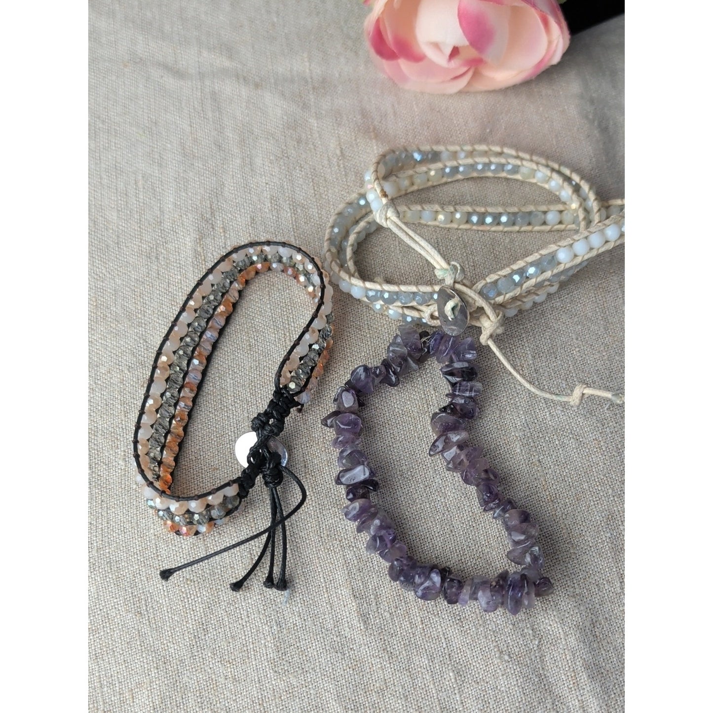 Amethyst Gemstone & Crystal Glass Bracelet Stack Boho Wrap Set of 3