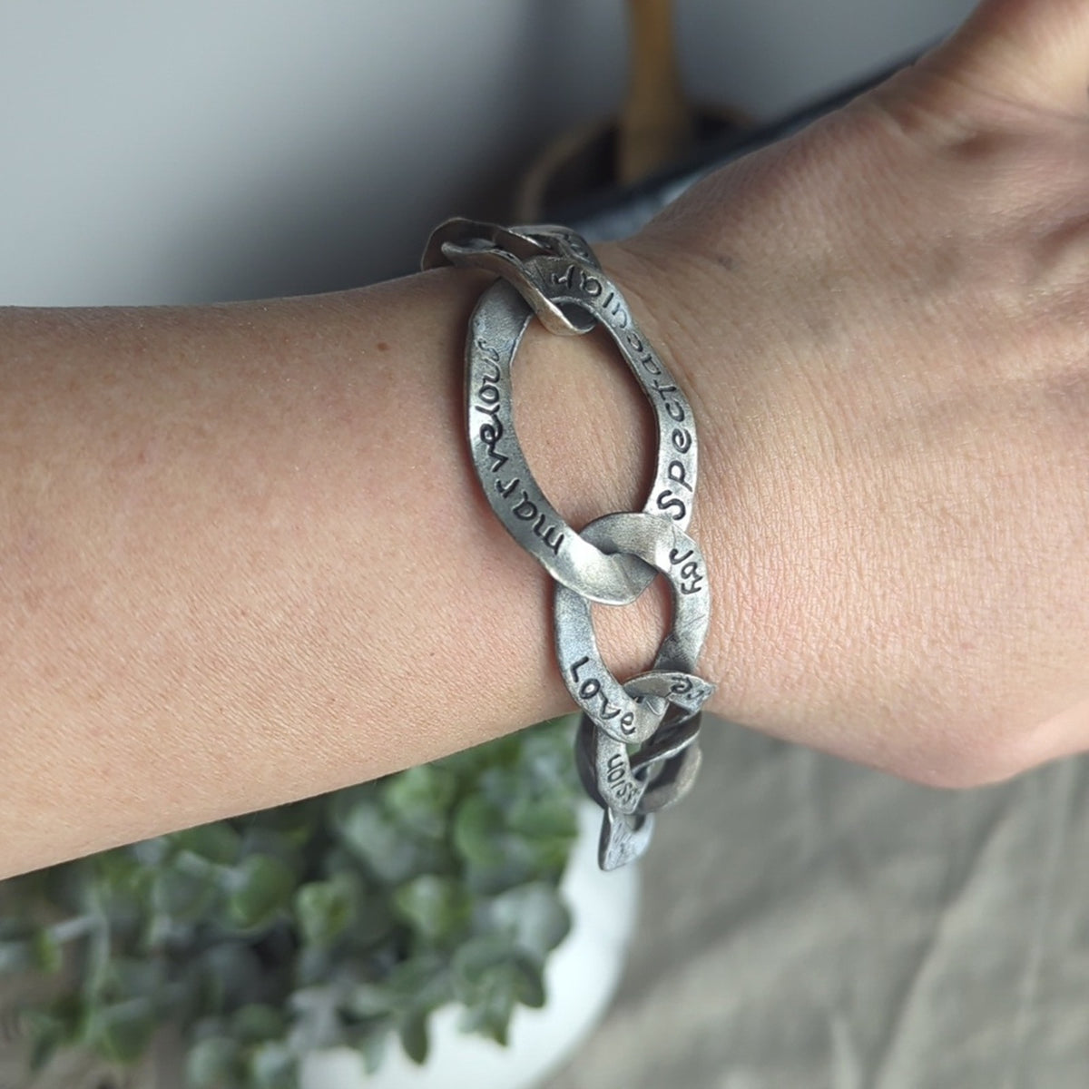 Vintage Pewter-Tone Inspirational Link Bracelet Hand-Stamped Word Jewelry Art
