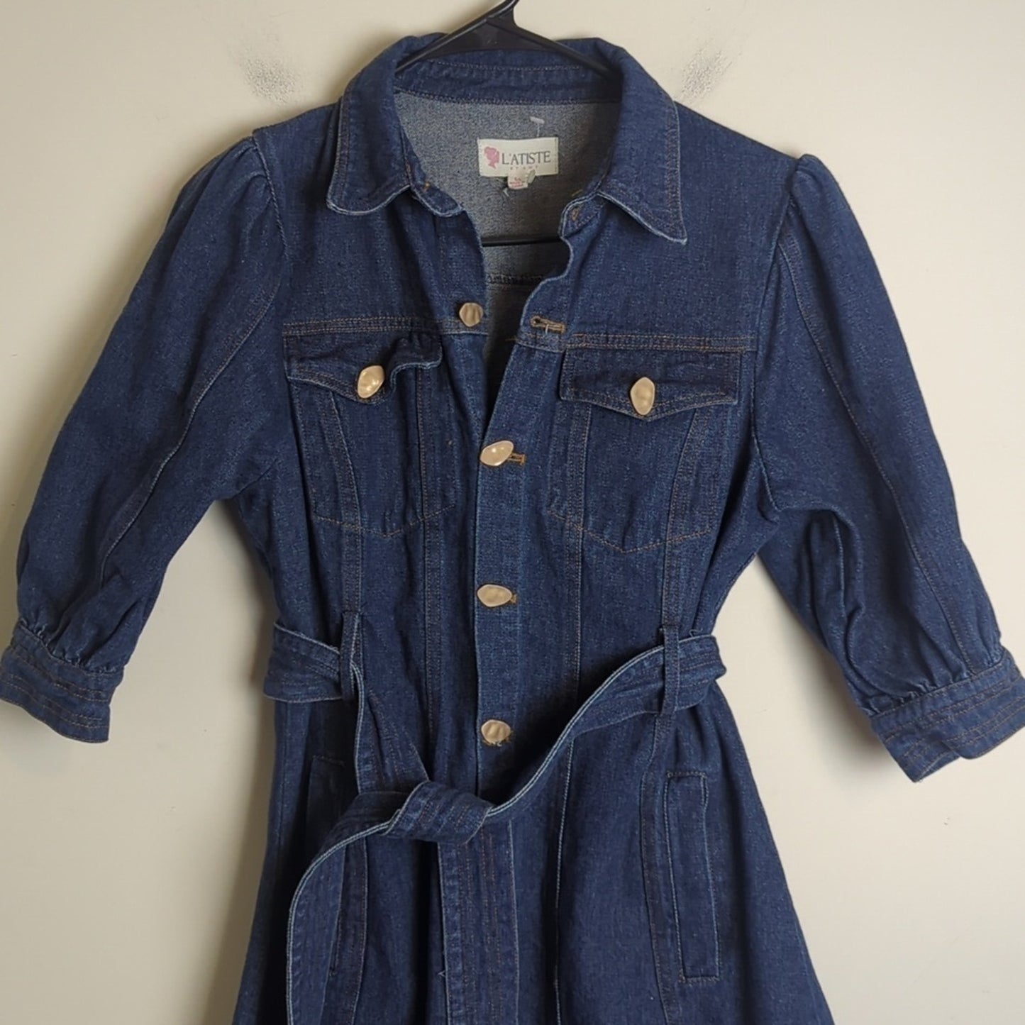 NWOT L'atiste Trench Jean Jacket Abstract Buttons Puff Sleeves Women's Medium