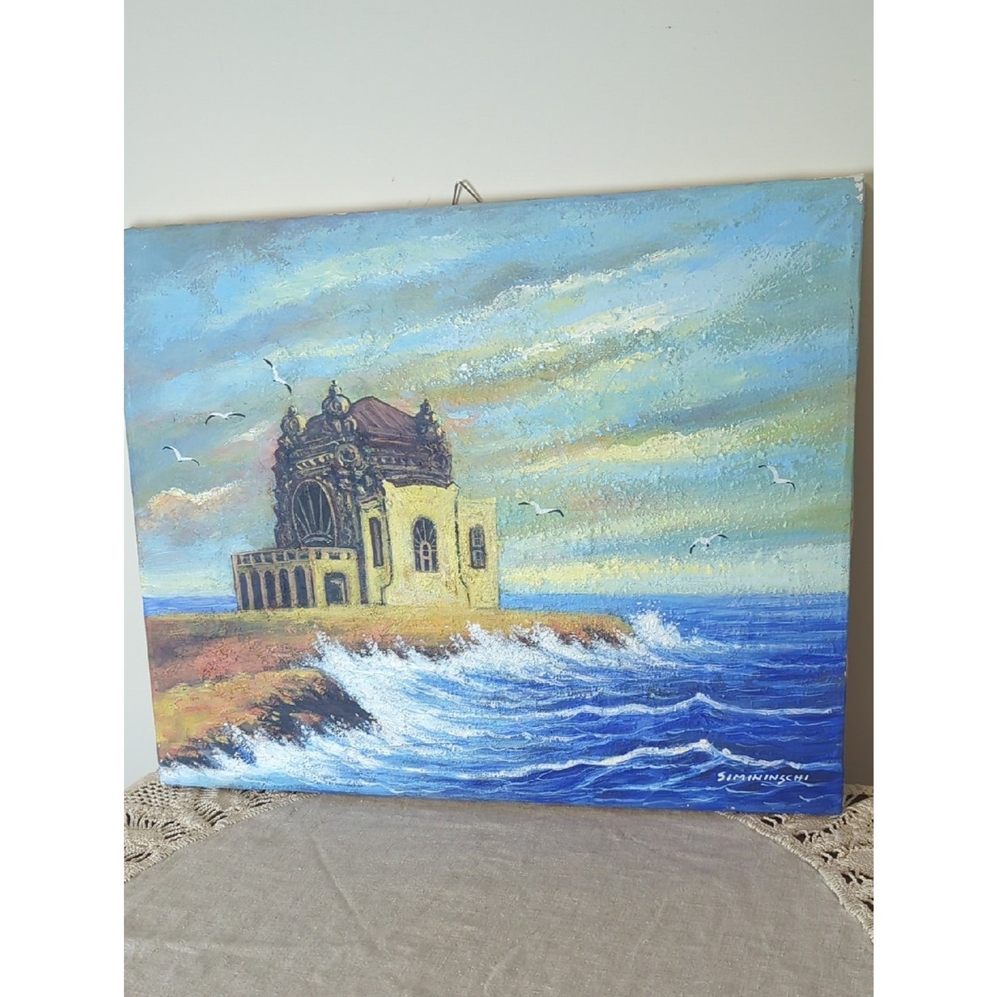 Signed Coastal Seascape Texture Painting Mediterranean Architecture Ocean Waves