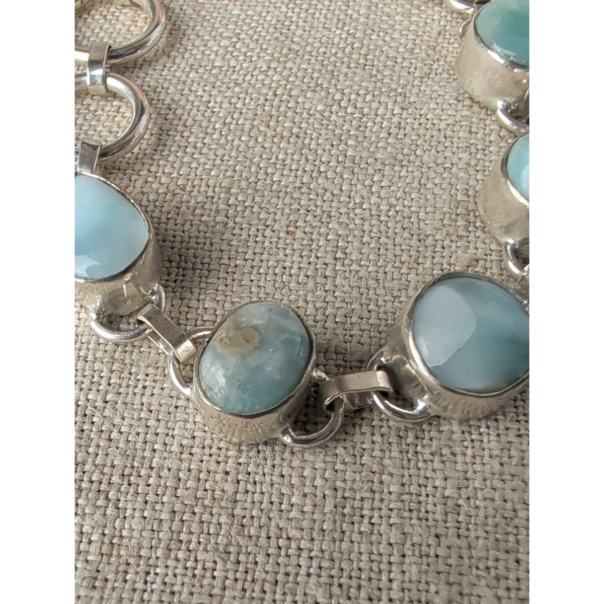 Vintage 925 Sterling Silver Blue Larimar Cabochon Bracelet Ornate Toggle