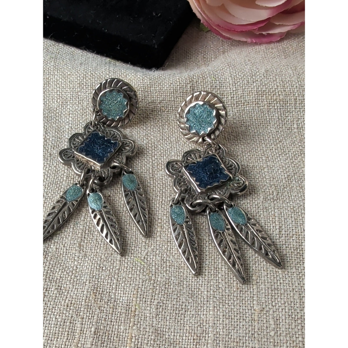 Vintage Edgar Berebi Signed Blue Enamel Feather Dangle Earrings Boho Statement