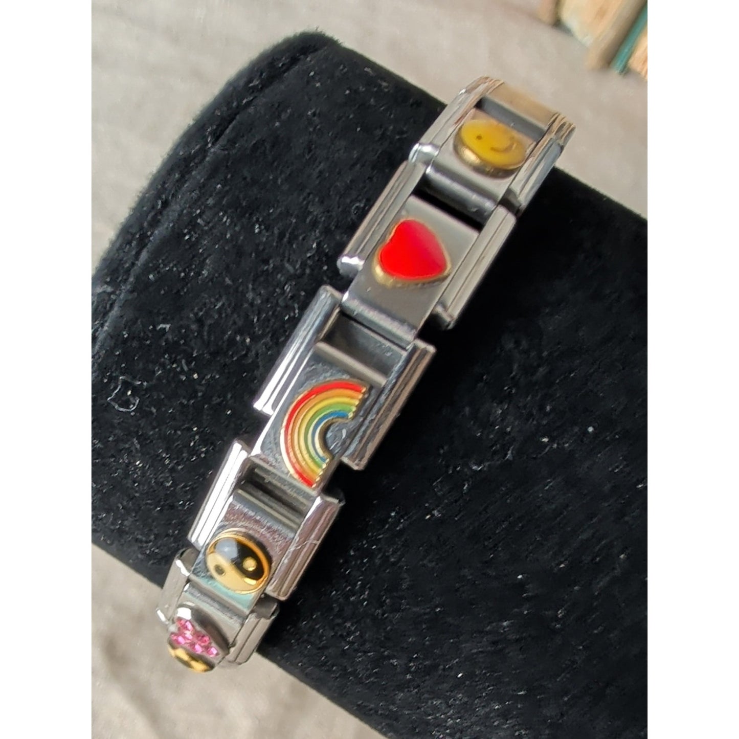 Y2K Essenza Italian Charm Link Bracelet Rainbow Yin Yang Soccer Stainless Steel