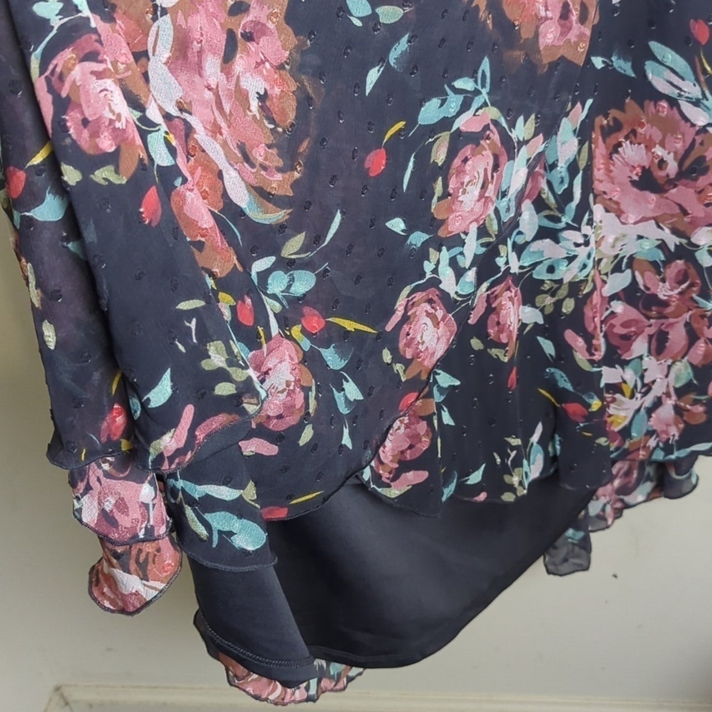 Dark Romantic Faux Wrap Dress High-Low Swiss Dot Floral Dark Grey Size M/L