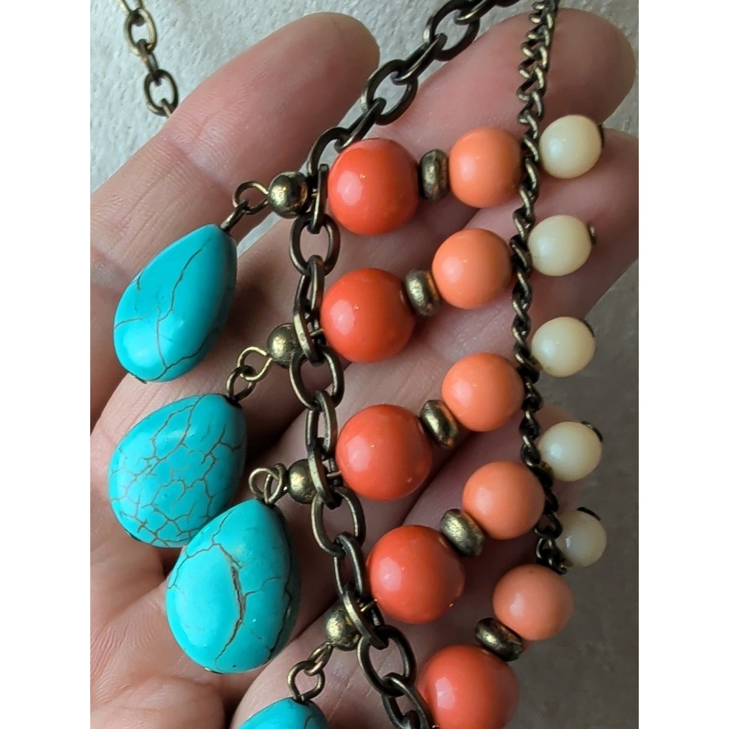 Turquoise Coral Glass Bead Bib Necklace Boho Southwestern Statement Necklace