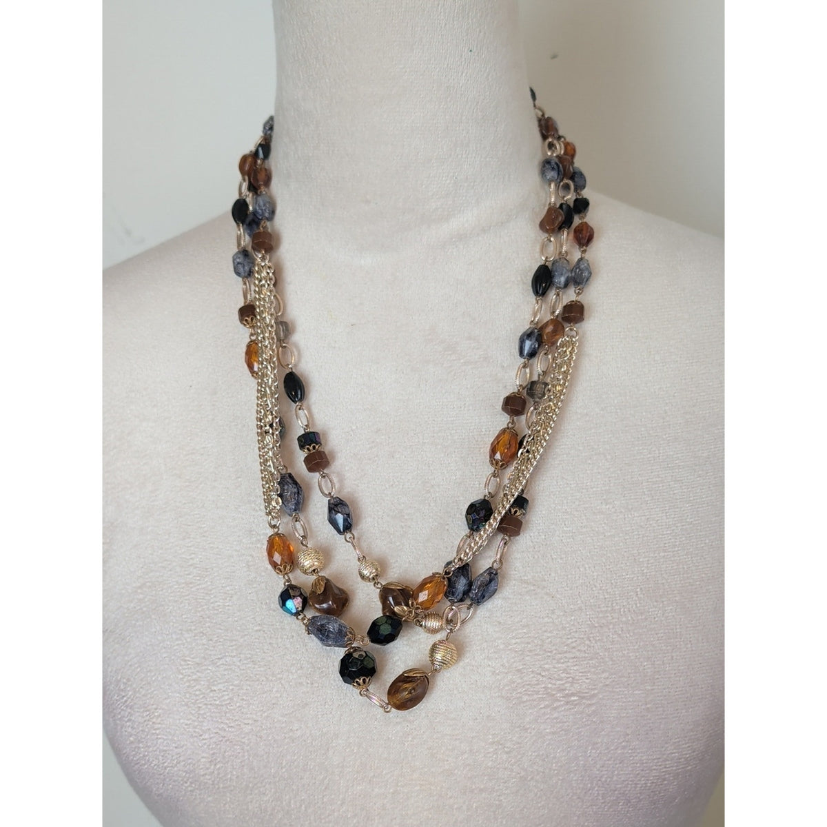 Vintage West Germany Mixed Media Statement Necklace Three Multi Layer