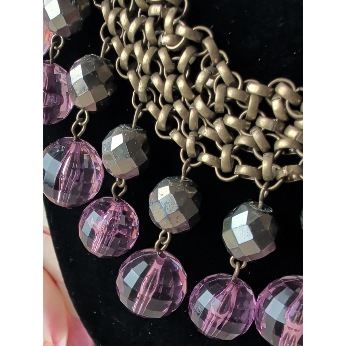 R.J. Graziano Purple Beaded Bib Statement Necklace Antique Brass Chain Boho Y2K