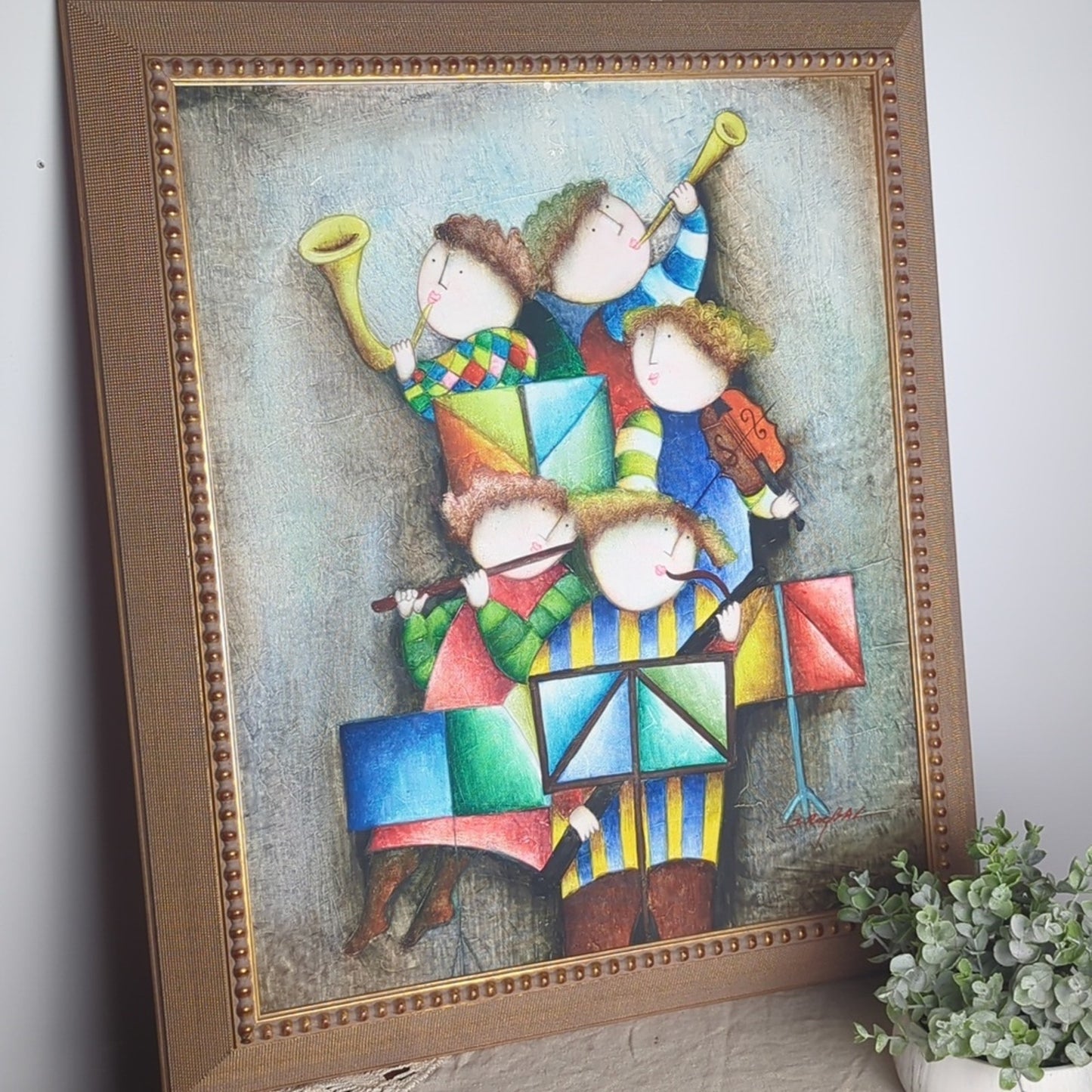 Vintage Roybal Style Musicians Painting Framed Canvas Whimsical Folk Art 24x28