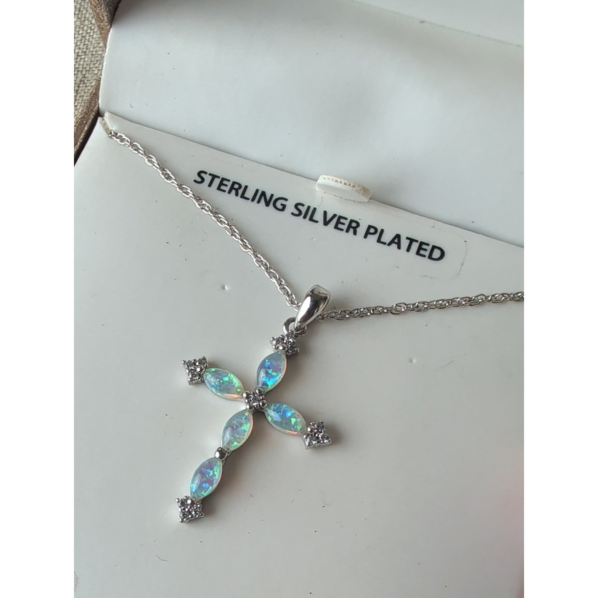 Brilliance Fine Jewelry Simulated Opal Cross Necklace Sterling Silver Plated