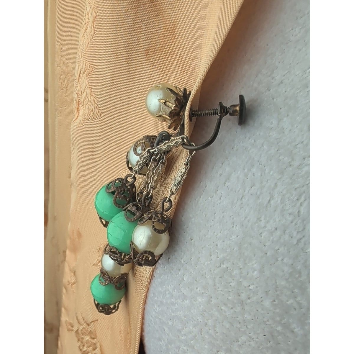 Vintage Seafoam Green Bead Glass Pearl Filigree Necklace & Screw Back Earrings