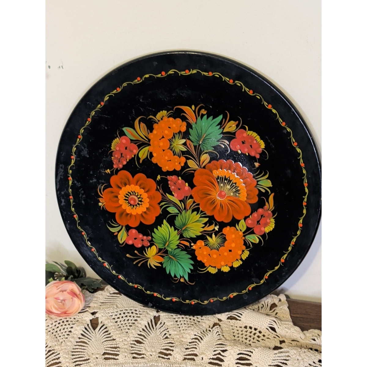 Vintage 1991 Ukrainian Petrykivka Hand Painted Wood 13” Folk Art Wall Plate USSR