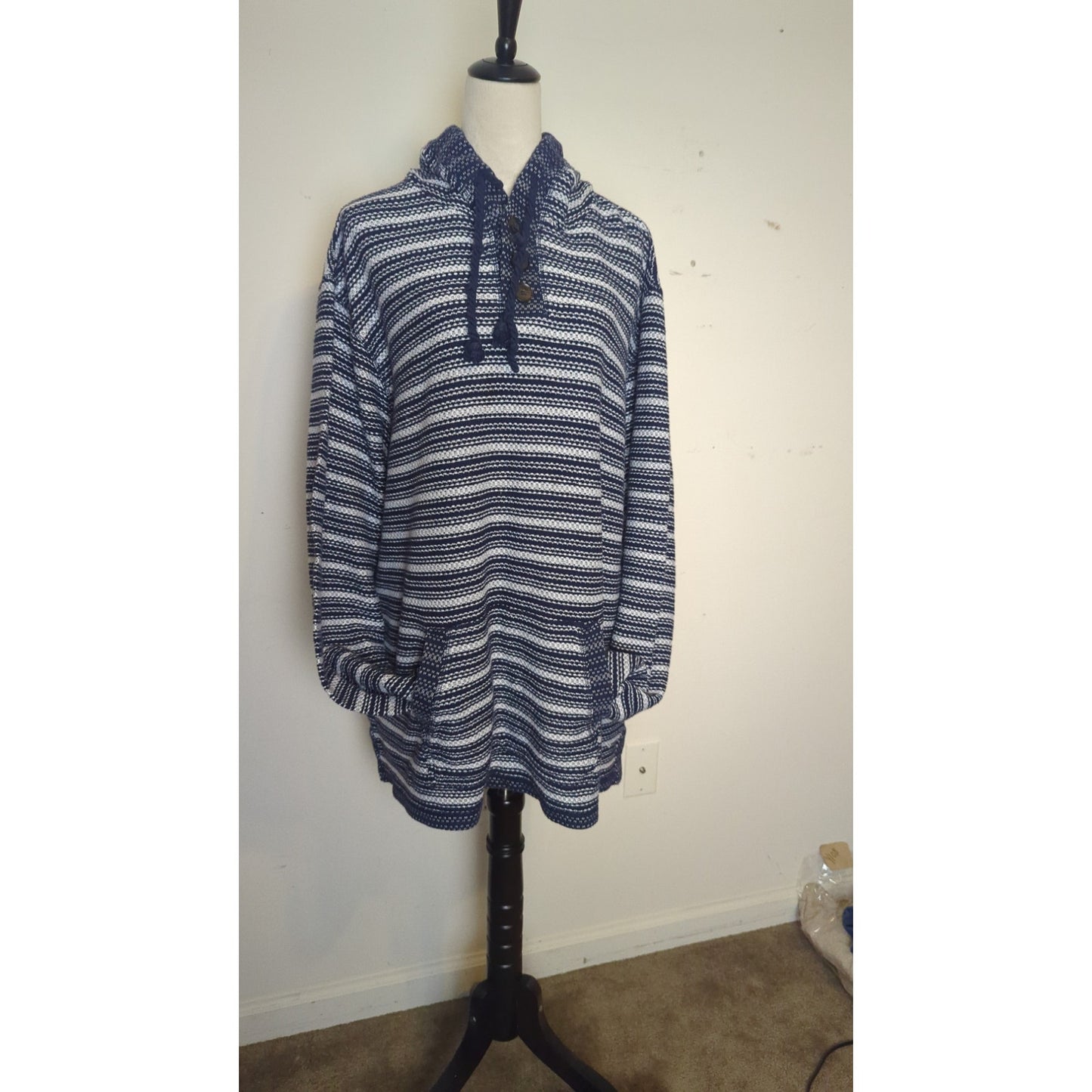 Southwestern Oversized Popover Gauzy Knit Sweater Hooded Pouch Pocket XXL