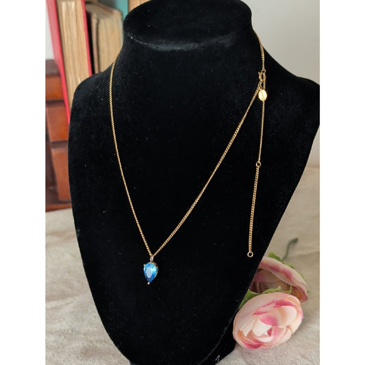 Blue Crystal Teardrop Pendant Necklace  Gold Tone Celestial Glam Statement