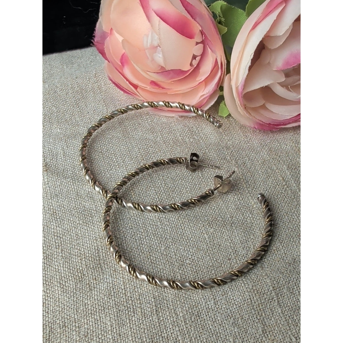Vintage C&H 925 Sterling Silver Two-Tone Twisted Rope Hoop Earrings