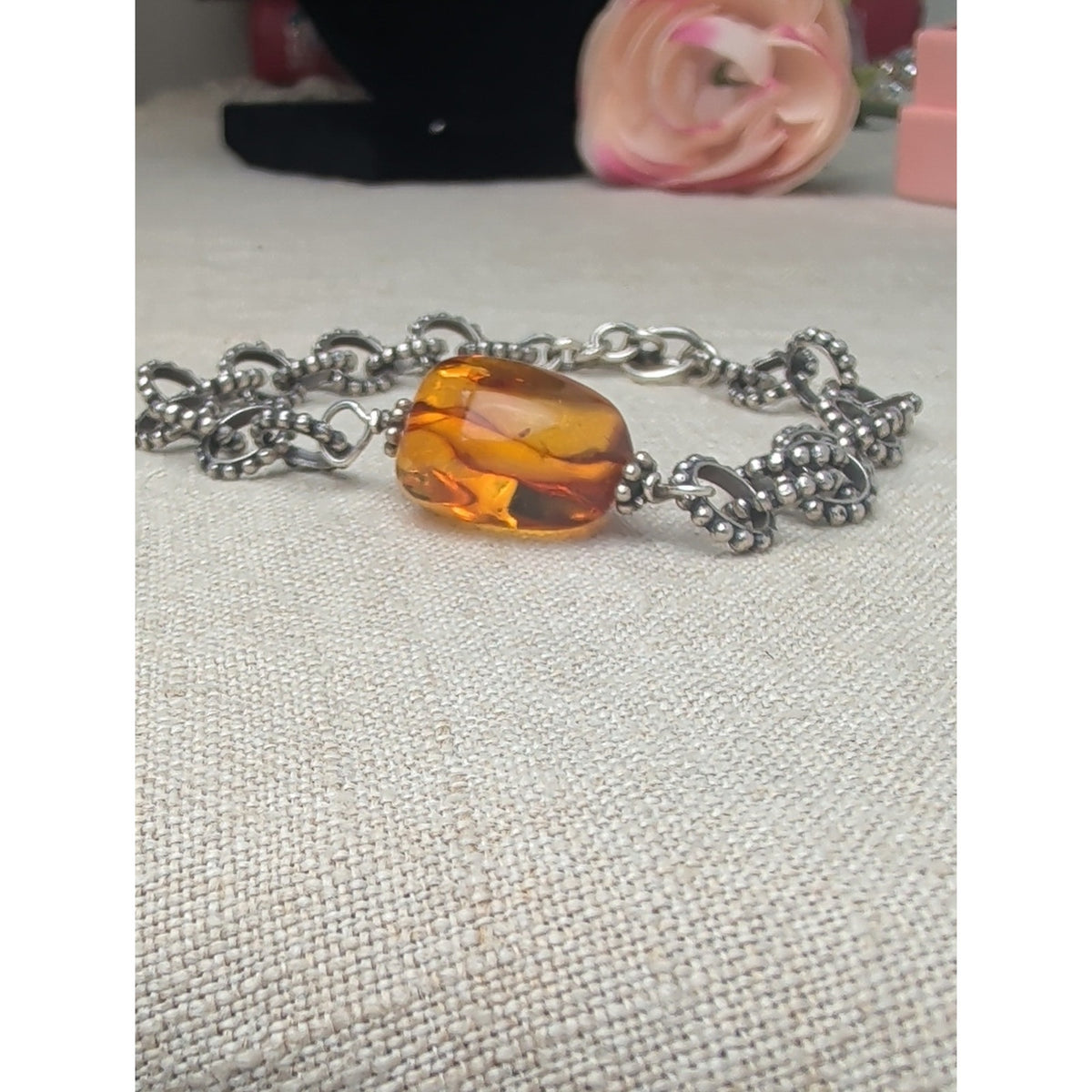 Dreamy 925 Sterling Silver Amber Bracelet Cognac Artisan Statement Jewelry 7"