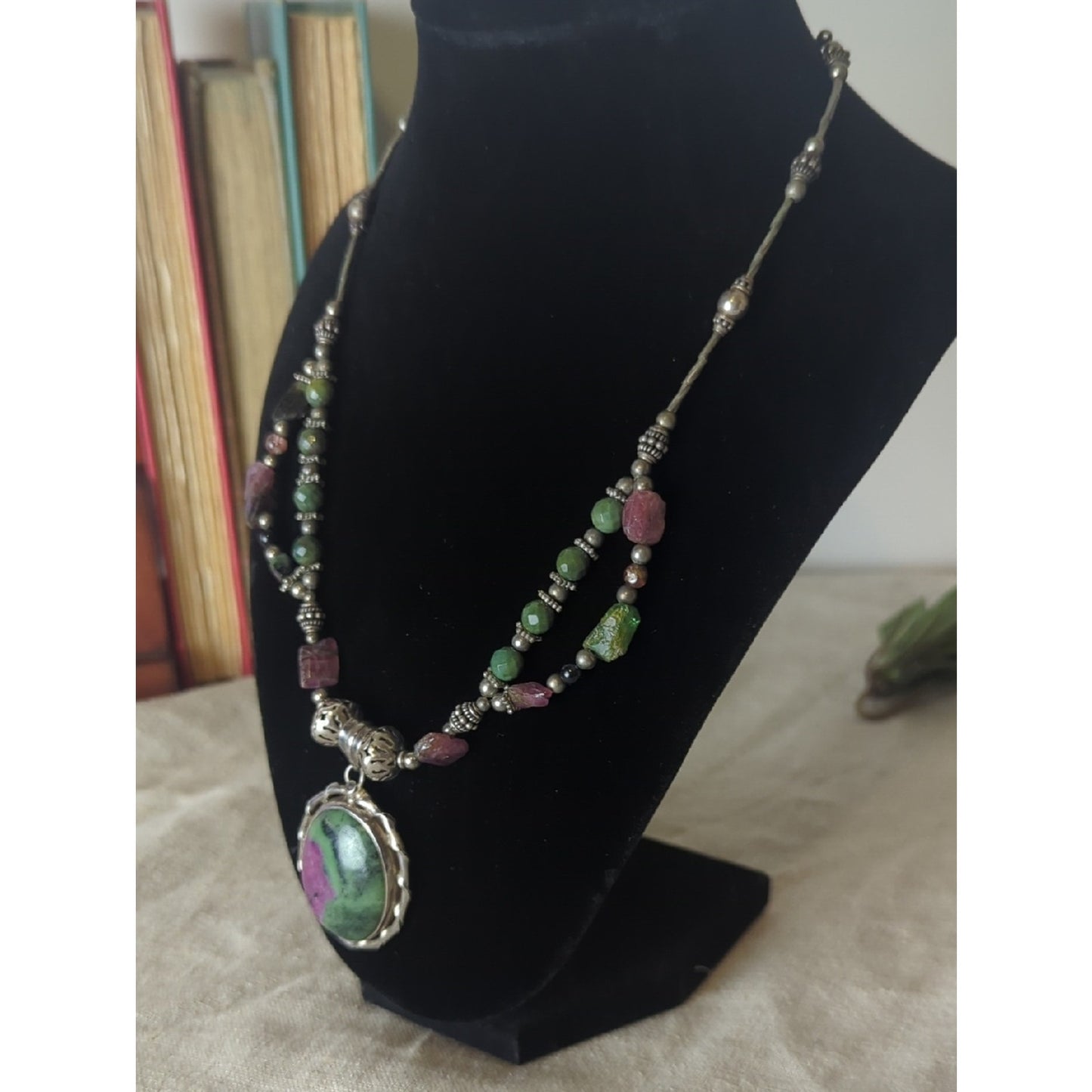 Sterling Silver Ruby Zoisite Statement Necklace, Artisan Gemstone Pendant