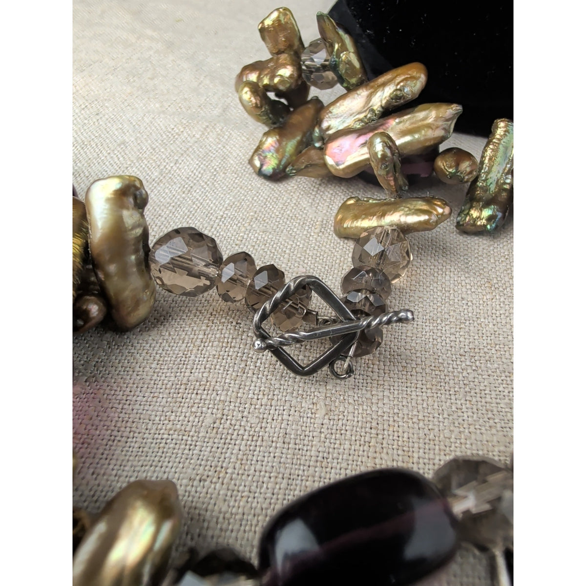 Vintage Mexican Sterling Silver Artisan Necklace, Inlay Abalone Shell Pendant, Iridescent Stick Pearl & Purple UV  Glass Beads, Signed DE 925