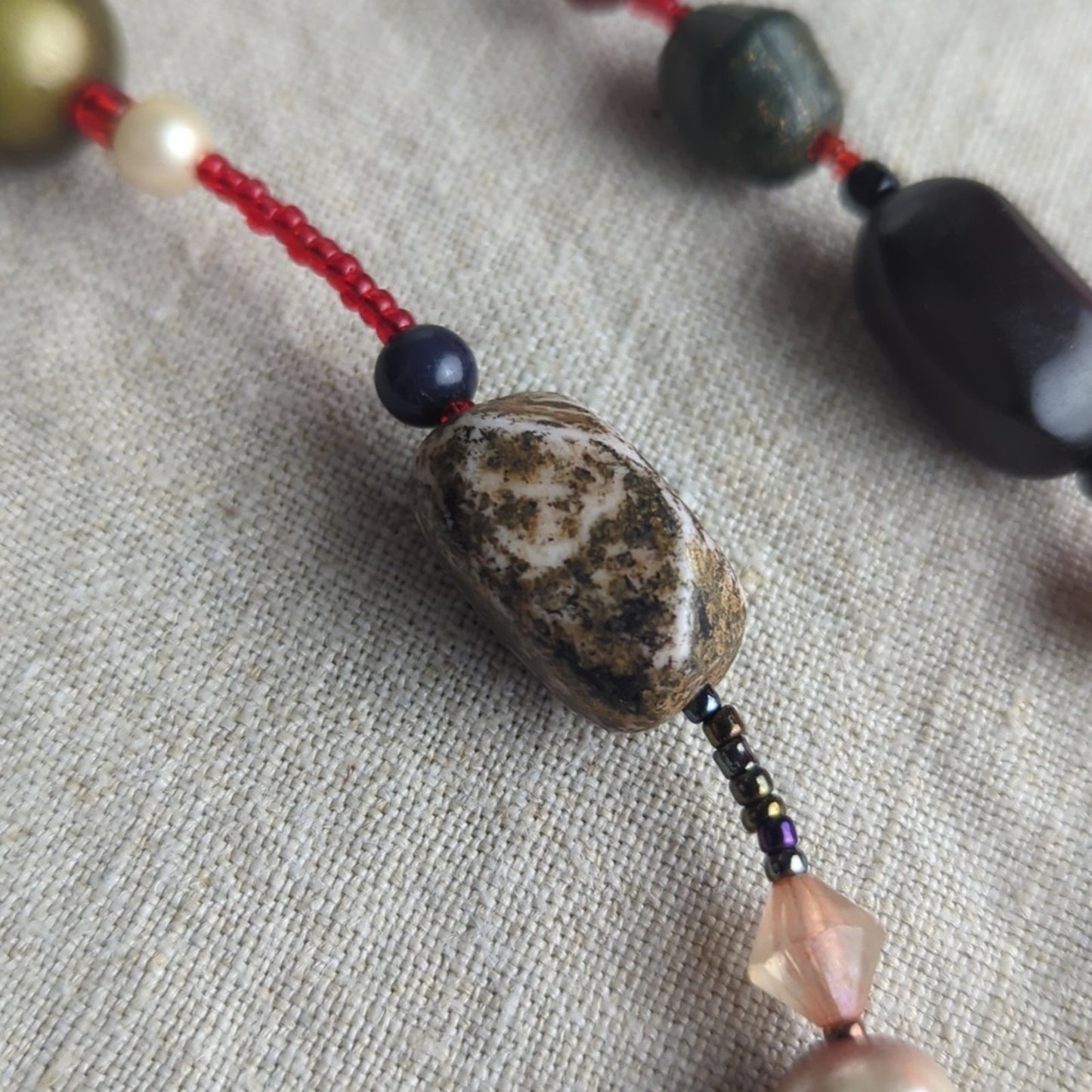 Eclectic Beaded Necklace Mixed Stone Glass Pearl Boho Statement Necklace Earthy