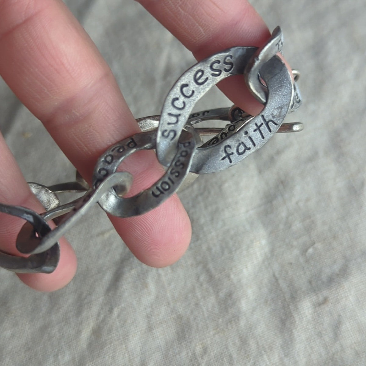 Vintage Pewter-Tone Inspirational Link Bracelet Hand-Stamped Word Jewelry Art